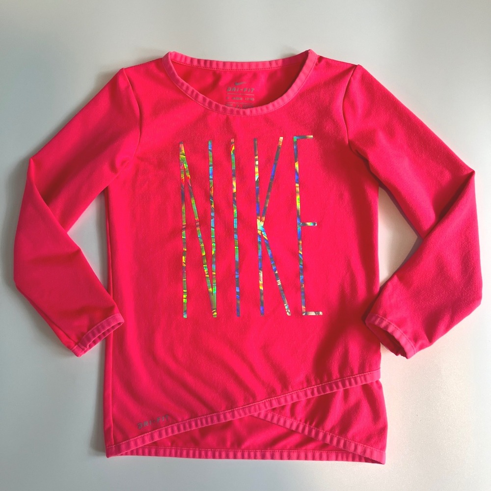 Nike Girls 2T Long Sleeve Dri-FIT Shirt Hot Pink Holographic Silver Spell Out